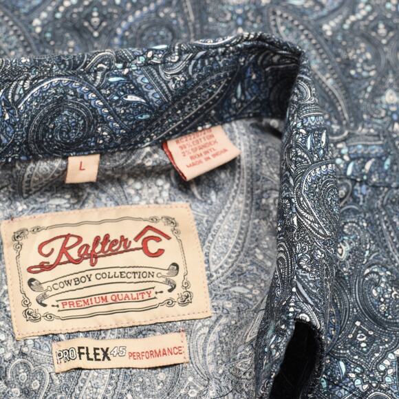 Rafter C Men Button Down Shirt Paisley Short Sleeve Cotton Blue Size L Pro Flex - Picture 8 of 8